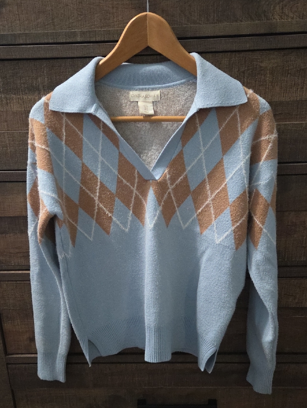 Cynthia Rowley Light Blue & Tan Argyle Collared V-Neck Sweater
